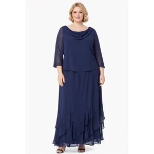 S.L. Fashions 1990s Navy Beaded Chiffon Maxi Skirt Set USA Made Plus 18W